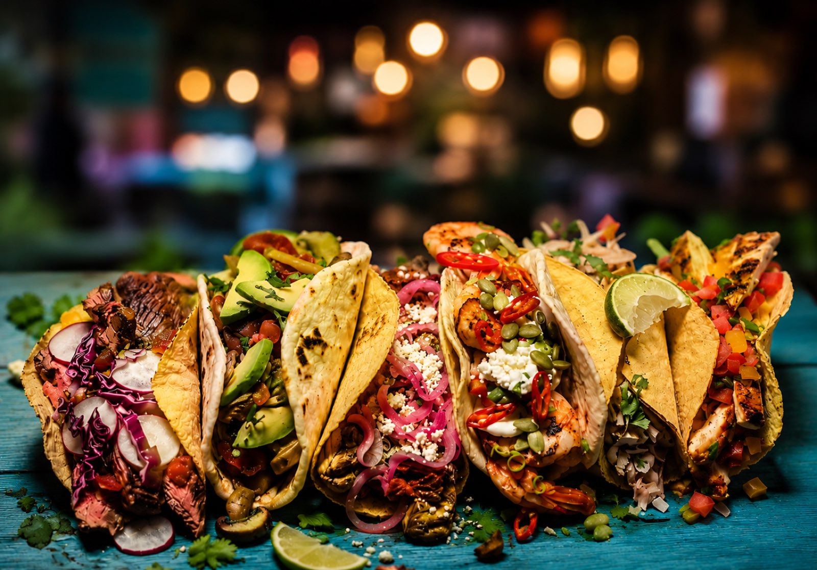 Colorful gourmet tacos loaded with steak, shrimp, avocado and fresh toppings at Well Seasoned Restaurant and Lounge, Scottsdale AZ