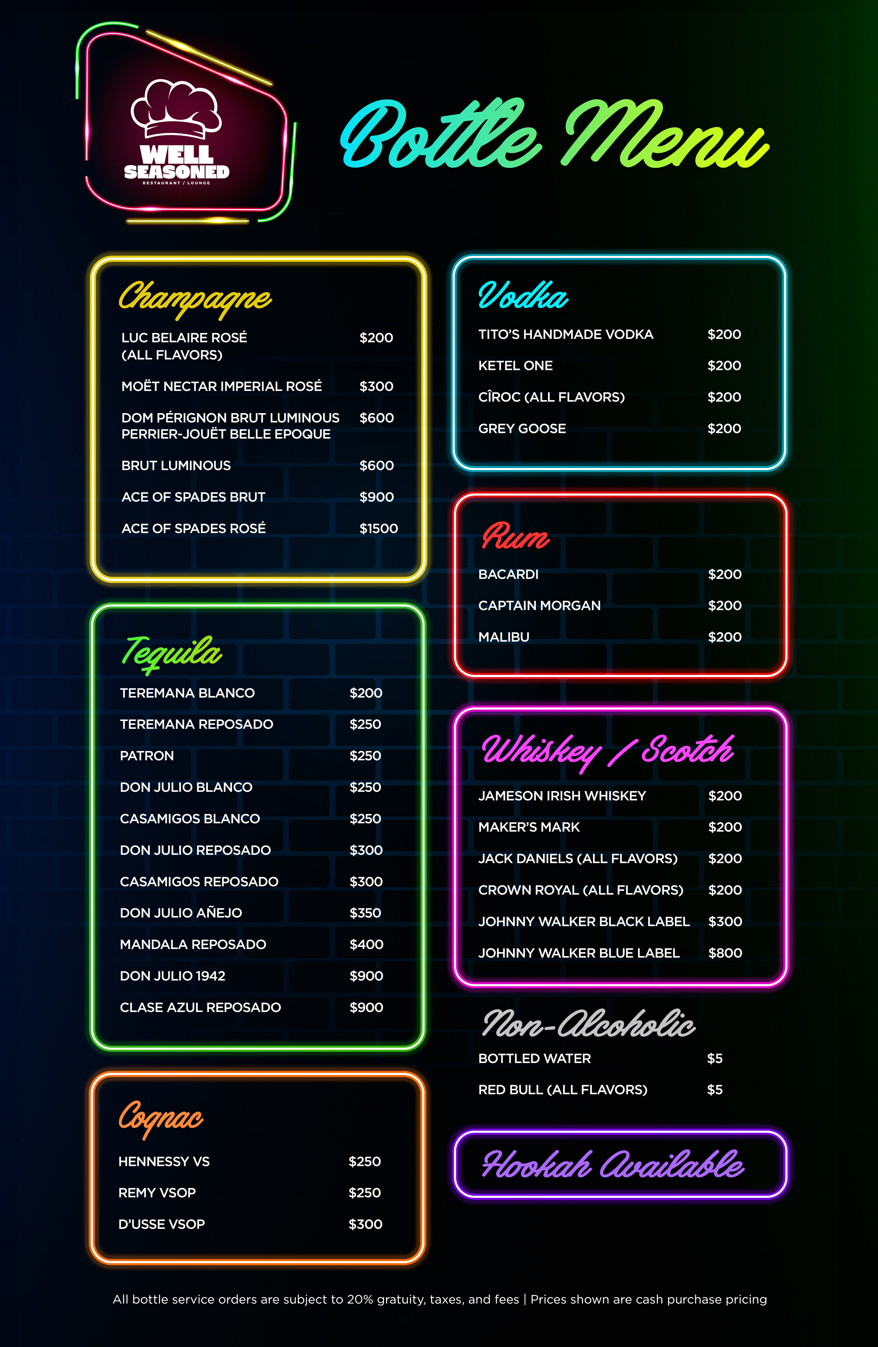 Well Seasoned Bottle Menu featuring champagne, tequila, vodka, rum, cognac, whiskey and non-alcoholic options. Hookah available.