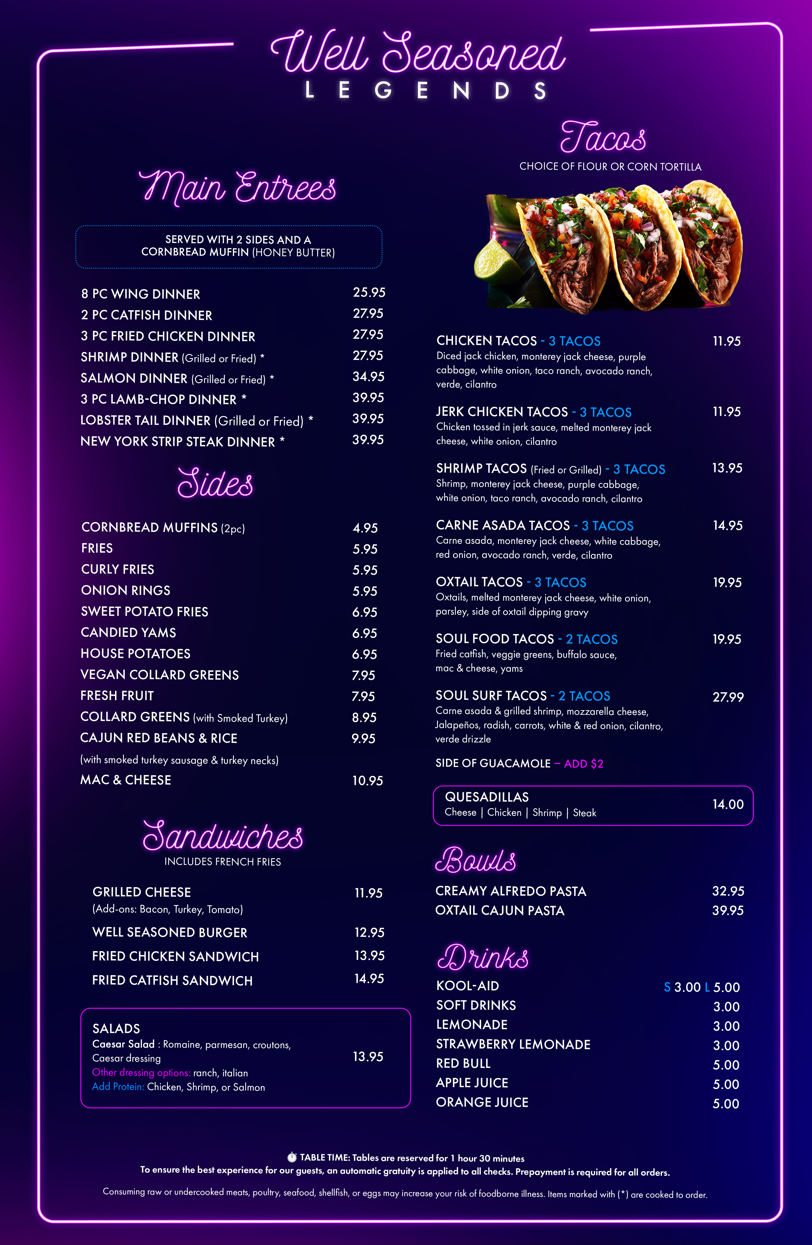 Well Seasoned Legends Menu featuring main entrees, tacos, bowls, sandwiches, sides and drinks
